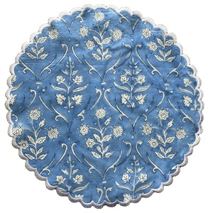 Cornflower <b>Blue</b> and White Indian Floral Hand Block Printed 100% Pure Cotton Round Eco-Friendly Reusable <b>Table</b> Decor Mats - Product Image 1