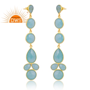 Último diseño Plata de Ley 18K Chapado en oro Natural Aqua Calcedonia Piedra preciosa Cuelga Pendiente Demi Joyería fina Fabricante - Product Image 2