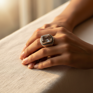 Anillo de Cóctel Geométrico Art Palace con Piedra de Cuarzo, Plata 925, Engaste de Bisel Vintage, Unisex, Uso Diario, Certificado por Terceros - Product Image 3