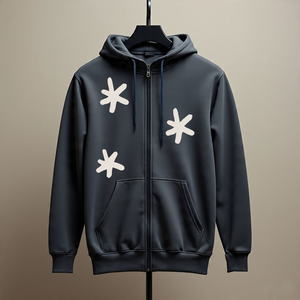 Sudadera con Capucha Negra para Hombre con Estampado de Estrellas Geométricas Blancas, Corte Regular, Cierre de Cremallera, Diseño con Bolsillo Frontal - Product Image 3