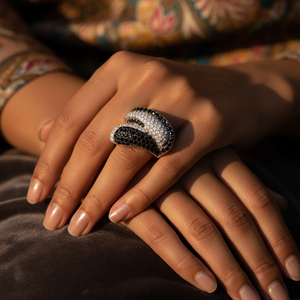 Rose Gold and 18K Plated <b>Silver</b> <b>Ring</b> for Women Fashionable <b>Statement</b> Jewelry with Black Inlay Stones IGI Certified - Product Image 2