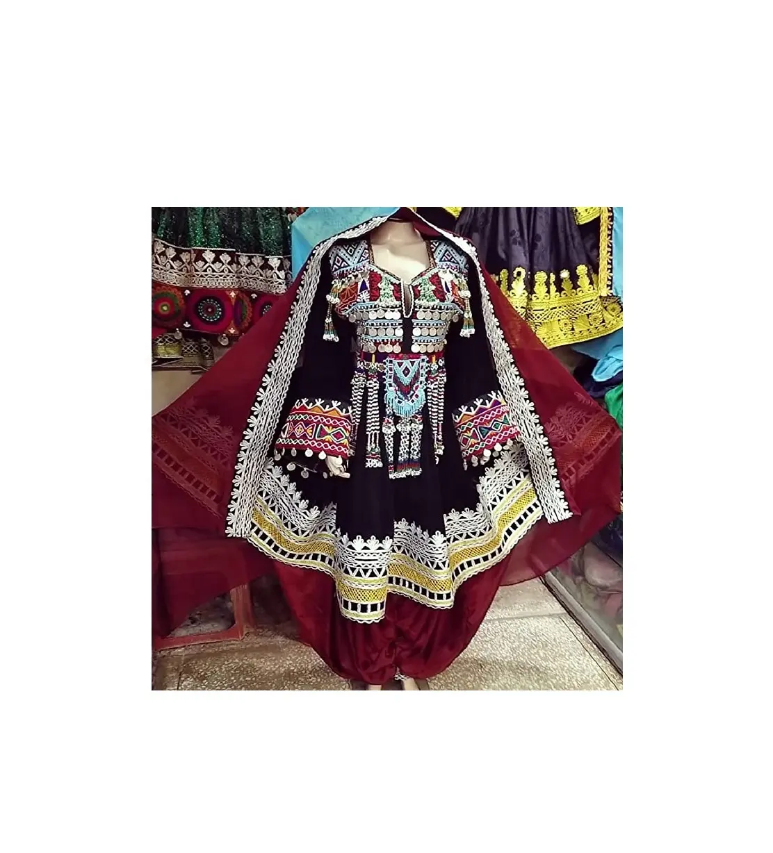 Afani kuchi vestido de moeda bordado, vestido de veludo tradicional artesanal feminino afgano 2023