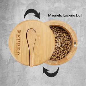 2pcs <b>Bamboo</b> Salt and Pepper Bowls Cellar with Magnetic Swivel Lid <b>Containers</b> Serving Spoons Box Engraved for Salt Pepper - Product Image 4