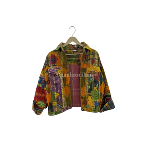 Chaqueta de mezclilla Kantha de algodón indio Unisex hecha a mano, diseño de retazos acolchado con botones, estilo corto a prueba de viento - Product Image 1