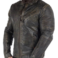 Chaqueta de Cuero Genuino, Chaqueta de Motociclista de Cuero, Chaqueta de Cuero de Oveja Negra Desgastada Estilo Vintage Route 66, Venta al por Mayor Personalizada