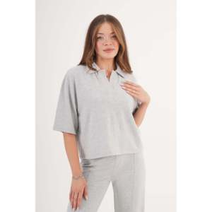 Blusa Elegante Gris para Mujer Lustrin, Cuello Camisero, Manga Corta - Top Versátil de Mezcla de Poliéster y Viscosa para Venta al Por Mayor - Product Image 3