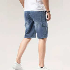 Pantalones Cortos Cargo Casuales Multibolsillos para Hombre, de Mezclilla Azul Claro, Ajuste Relajado, Algodón Lavado a la Piedra, Cintura Alta, Cierre de Botones, Pierna Recta hasta la Rodilla - Product Image 5