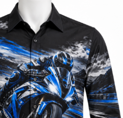 Chemise à manches longues boutonnée pour homme, imprimé course moto noir et bleu, personnalisée, imprimée numériquement, décontractée, 100 % coton respirant - Product Image 5