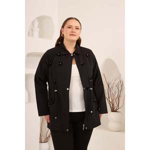RMG Women's <b>Plus</b> <b>Size</b> <b>Black</b> Cotton Blend <b>Trench</b> <b>Coat</b> with Elegant Floral Appliques - Autumn Winter Outerwear - Product Image 1