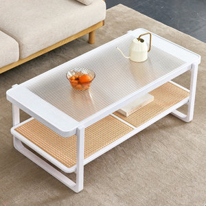 Table basse DreamCraft moderne minimaliste blanche à double niveau, convertible, mobile, avec bord en imitation rotin, style scandinave pour la maison - Product Image 1
