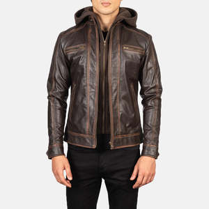Hector Vintage Brown Genuine Leather <b>Biker</b> <b>Jacket</b> with Hood Sheep Skin and Cowhide Reversible XS Size for Autumn Season - Product Image 1
