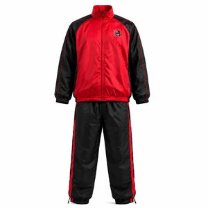 Ensemble de survêtement coupe-vent pour homme, rouge et noir, col montant, fermeture éclair intégrale, style sportif, en nylon/polyester, vêtements d'extérieur coupe-vent - Product Image 1