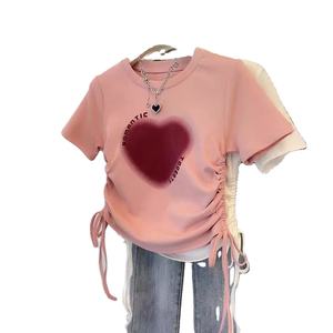 เสื้อยืดแขนสั้นทรงเข้ารูปคุณภาพสูง ดีไซน์เชือกรูด พิมพ์ลาย คอกลม สไตล์ลำลองสำหรับผู้หญิง เสื้อยืดพิมพ์ลาย ขายส่ง - Product Image 1