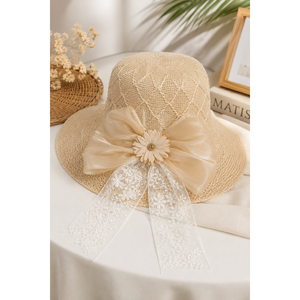 Beige <b>Floppy</b> Straw <b>Hat</b> with Floral Tulle Bow Printed Summer Beach <b>Hat</b> for Kids Made From Wheat Straw - Product Image 1