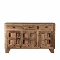 Buffet moderne en bois de manguier 150 cm, 2 portes coulissantes, 9 tiroirs, rangement ouvert, style ferme, pour salle à manger, salle de bain, salon, chambre, antique
