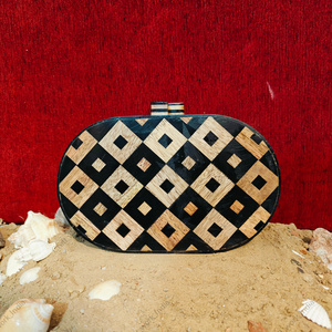 Sac à main ovale en résine et bois incrusté fait à la main avec motif géométrique en diamant Sac à main de soirée de luxe pour femmes - Product Image 4
