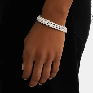 Bracelet cubain à griffes de 12 mm, fermoir sécurisé, plaqué or blanc 14 carats, argent sterling, zircone cubique taillée, pierres de moissanite VVS pour - Product Image 1