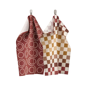 Fondo marrón patrones mixtos dos paños de cocina con círculos y cuadrados 100% algodón orgánico certificado GOTS toalla de lino de cocina - Product Image 1