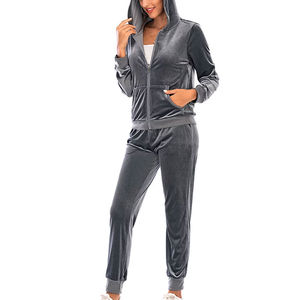 Ensemble de survêtement en velours personnalisé pour femmes, grande taille, sweat à capuche zippé et pantalon de jogging, motif uni, ensemble 2 pièces, costume en velours, vente chaude - Product Image 2