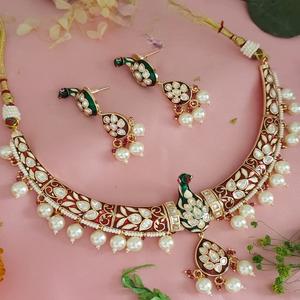 Designer High Quality Gold Plated Moissanite Stones Look Necklace <b>Set</b> With Earrings <b>Women</b> Traditional Wedding Wear Collection - Product Image 1