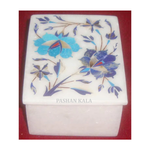 Nouveau design de produits indiens pour le festival du Ramadan boîtes à fleurs en incrustation de marbre blanc pur faites à la main boîte à bijoux incrustée - Product Image 1