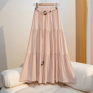 Jupe longue plissée évasée style bohème pour femme, taille élastique, couleur unie, en lin, coton et mousseline, longueur ras du sol, style doux - Product Image 1