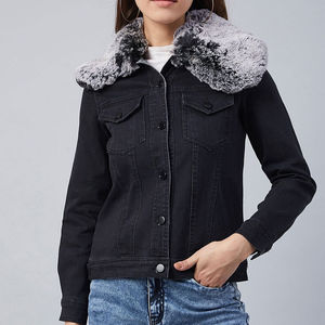 Best Stylish Women Denim Jacket with Turn Fur Collar Sleeves Faded Color Ripped Style Cotton-<b>Padded</b> Knitted Women Jeans Jacket - Product Image 1