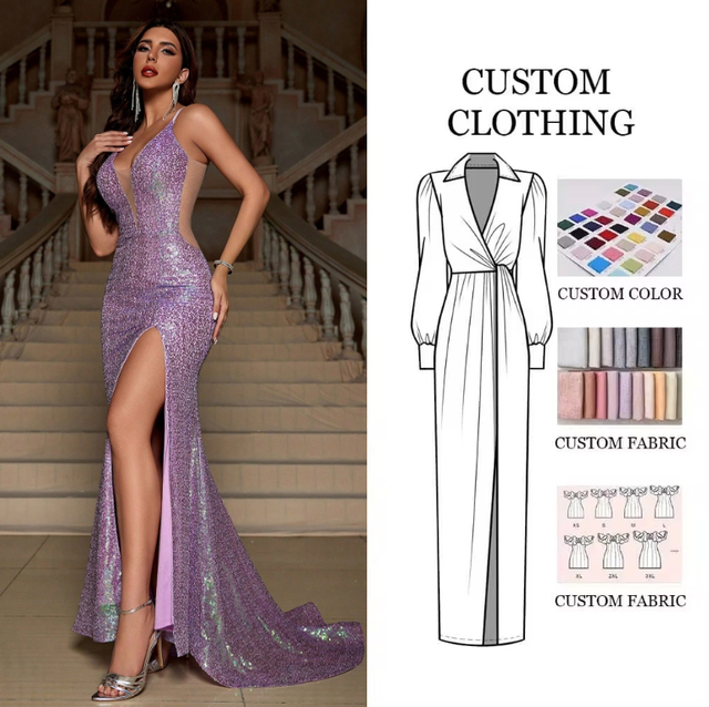 D&M Luxury V-Neck Sequin Evening Gown with High Split | Elegant Sparkly Sleeveless Prom Dress for Banquet & Red Carpet Designers
