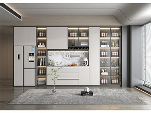 Meuble de rangement élégant pour salle à manger avec finition en panneau mélaminé, étagères à vin, niches éclairées, rangement profond et sans poignées - Product Image 4