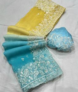 Đôi bóng râm voan lòng <span class=keywords><strong>Saree</strong></span> với Thêu biên giới làm việc - Product Image 3