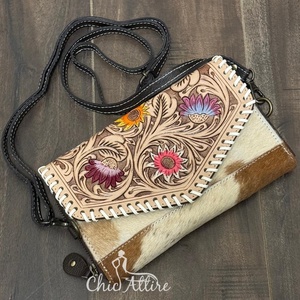 Custom Hand Tooled Floral Leather Cowhide Clutch Wallet with Strap Genuine Cowhide Leather Multi-Compartment Sling Bag for Women - Product Image 1