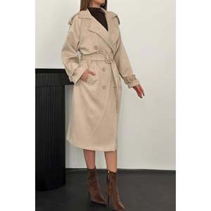 Manteau trench en daim beige à manches raglan - Beige - Product Image 4