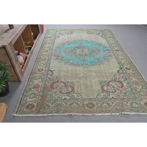 Tapis turc vintage 6.2x9.4 pieds bleu beige laine tissage plat motif patchwork pour salon décor couloir utiliser support en latex - Product Image 3
