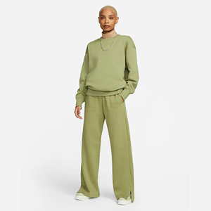 Loose Fit Ribbed <b>Crewneck</b> 80% Cotton 20% Recycled Polyester Fleece Ribbed Cuffs and Hem Khaki Green Women Sweatshirt - Product Image 6