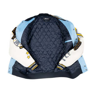 Veste universitaire pour homme en cuir avec patchs vintage en chenille personnalisés, blocs de couleur, poignets côtelés, col montant, tendance mode hivernale - Product Image 4