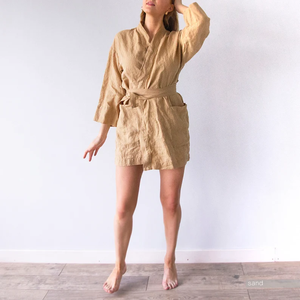 Bán Buôn Phụ Nữ Của Mùa Hè Mùa Xuân Xl Kimono Dress Set Vải Lanh Tinh Khiết Tắm Ngắn Áo Choàng Ngủ Đồng Bằng In Ấn Nhiệt Giá Bán Buôn - Product Image 4