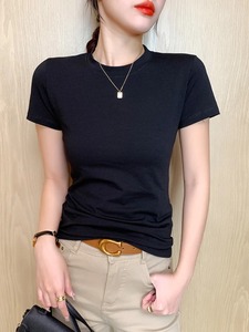 เสื้อยืดแขนสั้นสำหรับผู้หญิงระบายอากาศเสื้อผ้าผู้หญิงแบบบางเสื้อธรรมดาเข้ารูปสำหรับฤดูร้อนเสื้อยืดผ้าฝ้าย2025เสื้อยืดลำลองคอกลมสำหรับผู้หญิง - Product Image 3