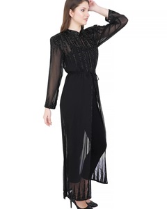 Hermoso trabajo hecho a mano apliques de lentejuelas Kaftan Abaya modesto frente abierto Kimono estilo mujeres hasta el suelo tren de barrido Georgette - Product Image 5