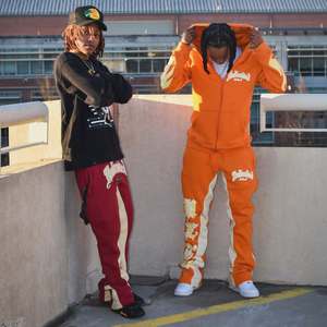 Streetwear personnalisé 100% coton broderie logo lavage à l'acide en détresse pantalon de survêtement et sweat à capuche ensemble - Product Image 1