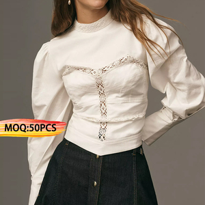 Abbigliamento fabbrica Oem Custom signore O collo <span class=keywords><strong>a</strong></span> <span class=keywords><strong>maniche</strong></span> lunghe in pizzo inserto bianco aderente in popeline camicetta da donna top - Product Image 1