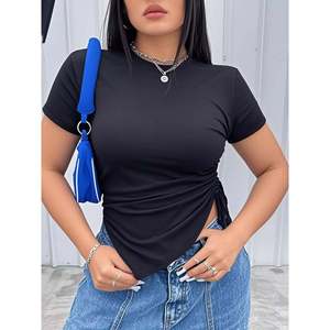 T-shirt da donna taglie forti con scollo rotondo e maniche corte, stampa floreale, in jersey di seta e cotone, casual, con logo a fantasia floreale, per l'estate - Product Image 3