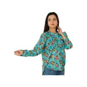 Blusa de algodón hecha a mano para mujer, Blusa de manga larga con estampado de bloques, decoración de botones bohemios, Tops de verano transpirables para el trabajo para el verano - Product Image 2