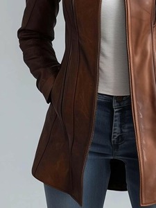 Manteau long ajusté unisexe en cuir véritable de haute qualité, écologique, avec décoration vintage et col montant - Product Image 4