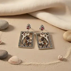 Boucles d'oreilles pendantes rectangulaires en pierres précieuses pour femmes, bijoux de déclaration - Product Image 2