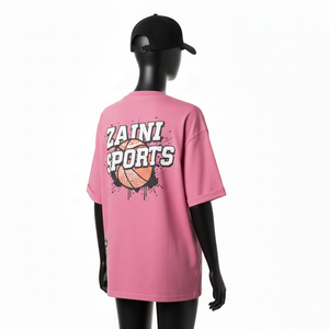 T-shirt ample pour femme en jersey de coton de haute qualité, respirant, doux, rose, avec impression thermique et patchwork, t-shirt en coton - Product Image 5