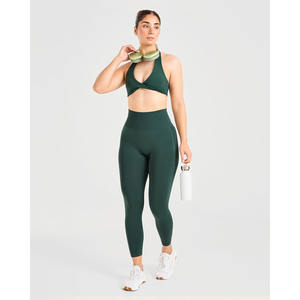 Nuevo Sujetador deportivo de cuello Halter verde profundo con escote en V envolvente detalle de espalda abierta último y alto impacto Sujetador deportivo de Fitness para mujeres adultas - Product Image 4