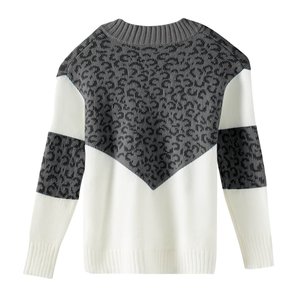 Suéter de invierno informal con cuello en V para mujer, Jersey de punto a rayas con estampado de leopardo y manga larga de algodón 100% grueso - Product Image 6