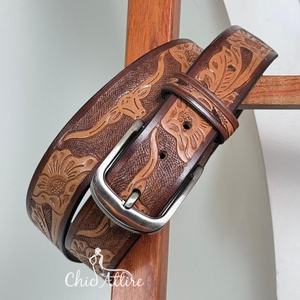 Manufacturer High Quality Genuine Cowhide <b>Leather</b> <b>Belt</b> with Floral & Longhorn Tooled <b>Leather</b> Design Adjustable <b>Belt</b> for Unisex - Product Image 1