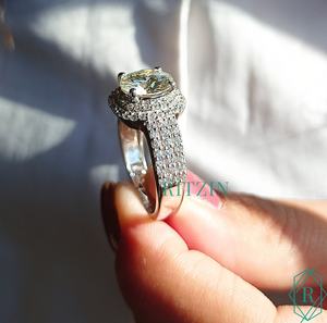 2.00 CT Cut Double Halo Moissanite Engagement <b>Ring</b> Three Shank Prong <b>Set</b> Pave 925 <b>Sterling</b> <b>Silver</b> Rhodium Plated VVS Clarity - Product Image 3
