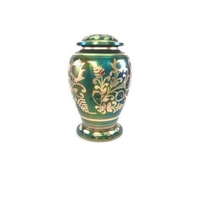 Green Enamel Cremation Urn with Gold Floral Design Adult <b>Memorial</b> <b>Keepsake</b> Metal Urn Customizable Patterns - Product Image 1